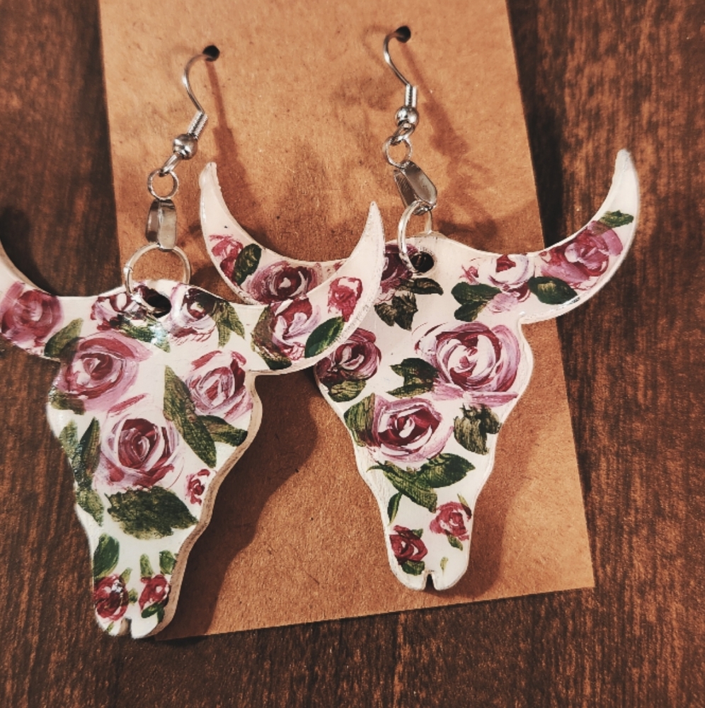 Bull floral hand painted earrings